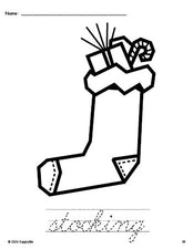 Free printable stocking Christmas coloring page and cursive word tracing worksheet, perfect for preschool, pre-k, and kindergarten