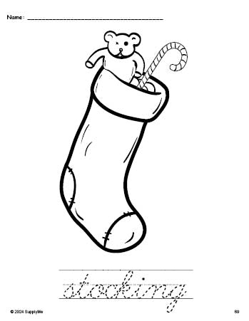 Free printable stocking Christmas coloring page and cursive word tracing worksheet, perfect for preschool, pre-k, and kindergarten