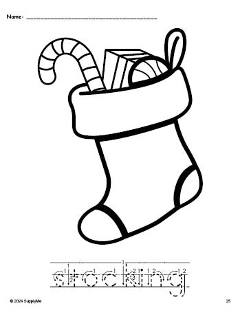 Free printable stocking Christmas coloring page and word tracing worksheet, letter formation guides, perfect for preschool, pre-k, and kindergarten