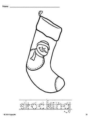 Free printable stocking Christmas coloring page and word tracing worksheet, letter formation guides, perfect for preschool, pre-k, and kindergarten