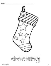 Free printable stocking Christmas coloring page and word tracing worksheet, letter formation guides, perfect for preschool, pre-k, and kindergarten