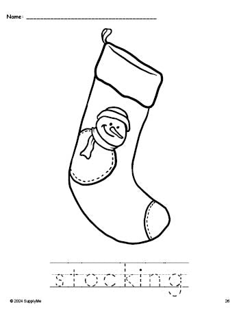 Free printable stocking Christmas coloring page and word tracing worksheet, perfect for preschool, pre-k, and kindergarten