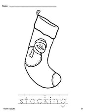 Free printable stocking Christmas coloring page and word tracing worksheet, perfect for preschool, pre-k, and kindergarten