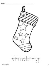 Free printable stocking Christmas coloring page and word tracing worksheet, perfect for preschool, pre-k, and kindergarten