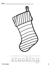 Free printable stocking Christmas coloring page and word tracing worksheet, perfect for preschool, pre-k, and kindergarten