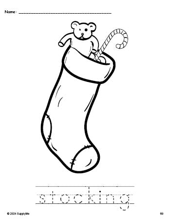 Free printable stocking Christmas coloring page and word tracing worksheet, perfect for preschool, pre-k, and kindergarten