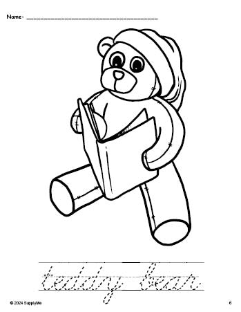 Free printable teddy bear Christmas coloring page and cursive word tracing worksheet, perfect for preschool, pre-k, and kindergarten