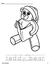 Free printable teddy bear Christmas coloring page and word tracing worksheet, perfect for preschool, pre-k, and kindergarten