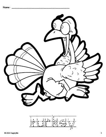 Free printable turkey Thanksgiving coloring page and word tracing worksheet, letter formation guides, perfect for preschool, pre-k, and kindergarten