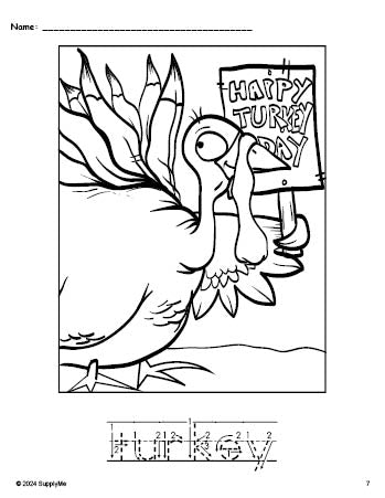 Free printable turkey Thanksgiving coloring page and word tracing worksheet, letter formation guides, perfect for preschool, pre-k, and kindergarten