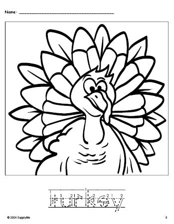 Free printable turkey Thanksgiving coloring page and word tracing worksheet, letter formation guides, perfect for preschool, pre-k, and kindergarten