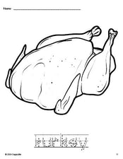 Free printable turkey Thanksgiving coloring page and word tracing worksheet, letter formation guides, perfect for preschool, pre-k, and kindergarten