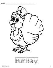 Free printable turkey Thanksgiving coloring page and word tracing worksheet, letter formation guides, perfect for preschool, pre-k, and kindergarten