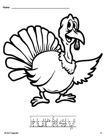 Free printable turkey Thanksgiving coloring page and word tracing worksheet, letter formation guides, perfect for preschool, pre-k, and kindergarten