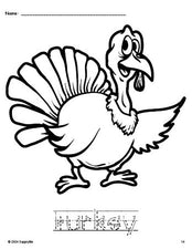 Free printable turkey Thanksgiving coloring page and word tracing worksheet, letter formation guides, perfect for preschool, pre-k, and kindergarten