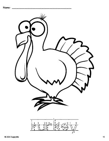 Free printable turkey Thanksgiving coloring page and word tracing worksheet, letter formation guides, perfect for preschool, pre-k, and kindergarten