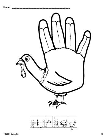 Free printable turkey Thanksgiving coloring page and word tracing worksheet, letter formation guides, perfect for preschool, pre-k, and kindergarten