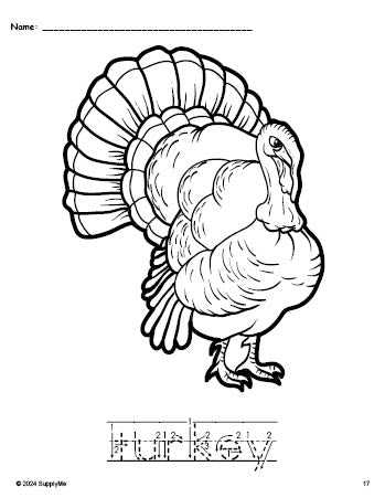 Free printable turkey Thanksgiving coloring page and word tracing worksheet, letter formation guides, perfect for preschool, pre-k, and kindergarten