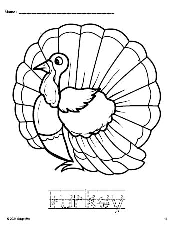 Free printable turkey Thanksgiving coloring page and word tracing worksheet, letter formation guides, perfect for preschool, pre-k, and kindergarten