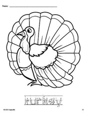 Free printable turkey Thanksgiving coloring page and word tracing worksheet, letter formation guides, perfect for preschool, pre-k, and kindergarten