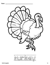 Free printable turkey Thanksgiving coloring page and word tracing worksheet, letter formation guides, perfect for preschool, pre-k, and kindergarten