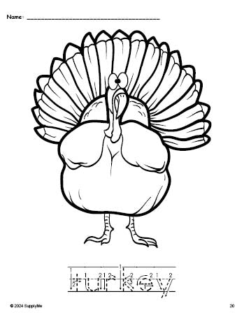 Free printable turkey Thanksgiving coloring page and word tracing worksheet, letter formation guides, perfect for preschool, pre-k, and kindergarten