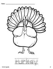 Free printable turkey Thanksgiving coloring page and word tracing worksheet, letter formation guides, perfect for preschool, pre-k, and kindergarten