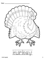 Free printable turkey Thanksgiving coloring page and word tracing worksheet, letter formation guides, perfect for preschool, pre-k, and kindergarten