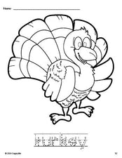 Free printable turkey Thanksgiving coloring page and word tracing worksheet, letter formation guides, perfect for preschool, pre-k, and kindergarten