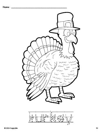 Free printable turkey Thanksgiving coloring page and word tracing worksheet, letter formation guides, perfect for preschool, pre-k, and kindergarten