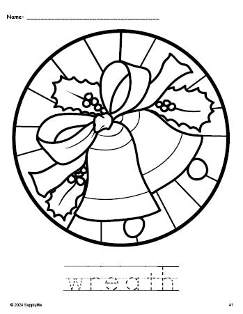 Free printable wreath Christmas coloring page and word tracing worksheet, perfect for preschool, pre-k, and kindergarten