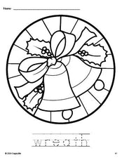 Free printable wreath Christmas coloring page and word tracing worksheet, perfect for preschool, pre-k, and kindergarten