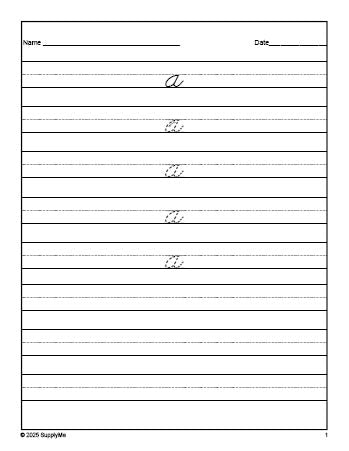 Free preschool sight word cursive tracing worksheet, high frequency word 'a', first 100 fry sight words, Dolch pre-primer, PDF