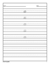 Free preschool sight word cursive tracing worksheet, high frequency word 'a', first 100 fry sight words, Dolch pre-primer, PDF