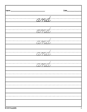 Free preschool sight word cursive tracing worksheet, high frequency word 'and', first 100 fry sight words, Dolch pre-primer, PDF