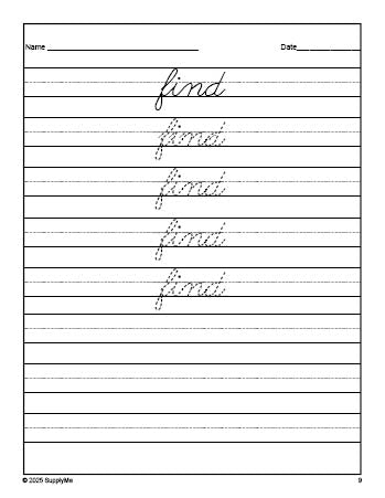 Free preschool sight word cursive tracing worksheet, high frequency word 'find', first 100 fry sight words, Dolch pre-primer, PDF