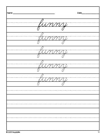 Free preschool sight word cursive tracing worksheet, high frequency word 'funny', Dolch pre-primer, PDF