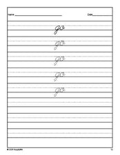 Free preschool sight word cursive tracing worksheet, high frequency word 'go', first 100 fry sight words, Dolch pre-primer, PDF