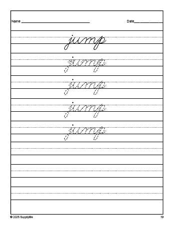 Free preschool sight word cursive tracing worksheet, high frequency word 'jump', Dolch pre-primer, PDF