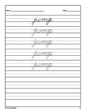 Free preschool sight word cursive tracing worksheet, high frequency word 'jump', Dolch pre-primer, PDF