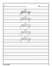 Free preschool sight word cursive tracing worksheet, high frequency word 'play', second 100 fry sight words, Dolch pre-primer, PDF