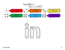 Free preschool worksheet, rainbow roll and write sight word tracing worksheet, beginner sight word for preschoolers and high frequency word 'in', first 100 fry sight words, Dolch pre-primer, PDF