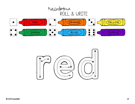 Free preschool worksheet, rainbow roll and write sight word tracing worksheet, beginner sight word for preschoolers and high frequency word 'red', fourth 100 fry sight words, Dolch pre-primer, PDF