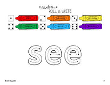 Free preschool worksheet, rainbow roll and write sight word tracing worksheet, beginner sight word for preschoolers and high frequency word 'see', first 100 fry sight words, Dolch pre-primer, PDF