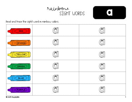 Free preschool worksheet, rainbow sight word tracing worksheet, beginner sight word for preschoolers and high frequency word 'a', first 100 fry sight words, Dolch pre-primer, PDF