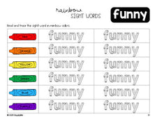 Free preschool worksheet, rainbow sight word tracing worksheet, beginner sight word for preschoolers and high frequency word 'funny', Dolch pre-primer, PDF