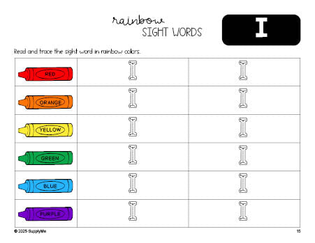 Free preschool worksheet, rainbow sight word tracing worksheet, beginner sight word for preschoolers and high frequency word 'I', first 100 fry sight words, Dolch pre-primer, PDF