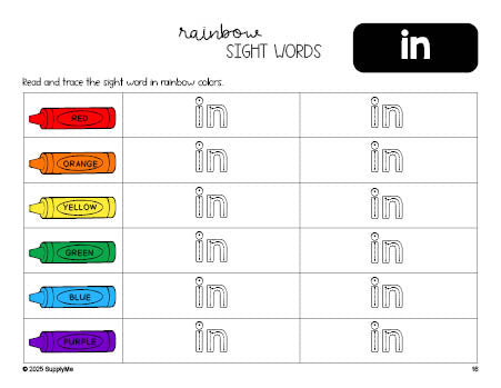 Free preschool worksheet, rainbow sight word tracing worksheet, beginner sight word for preschoolers and high frequency word 'in', first 100 fry sight words, Dolch pre-primer, PDF