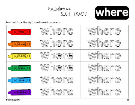 Free preschool worksheet, rainbow sight word tracing worksheet, beginner sight word for preschoolers and high frequency word 'where', second 100 fry sight words, Dolch pre-primer, PDF