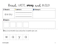 Free preschool worksheet, read, write, stamp, and build the beginner sight word for preschoolers and high frequency word 'away', second 100 fry sight words, Dolch pre-primer, PDF